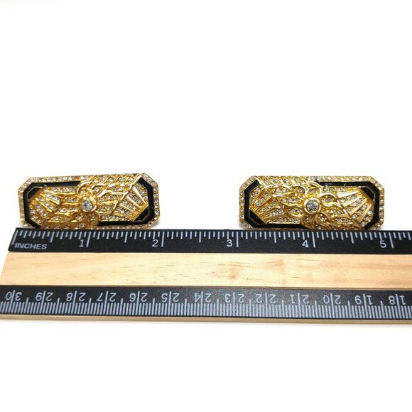 Art Deco Style Large Earrings, Clear Rhinestones, Black Enamel, 1980s Vintage - Picture 6 of 10